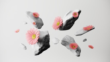 3D composition of floating rocks with pink flowers. Minimalist 3d render illustration perfect for modern web design and conceptual branding. Elegant contrast of nature and texture.