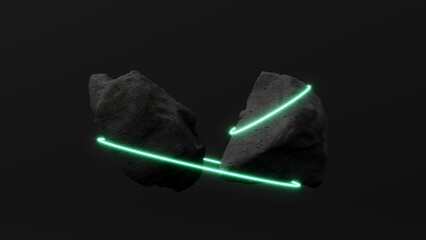 3d render abstract composition of glowing stones. Dark monochrome scene with bright energy lines, suitable for high-tech designs, backgrounds, or immersive branding visuals.