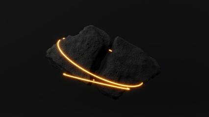 3d render abstract composition of glowing stones. Dark monochrome scene with bright energy lines, suitable for high-tech designs, backgrounds, or immersive branding visuals.