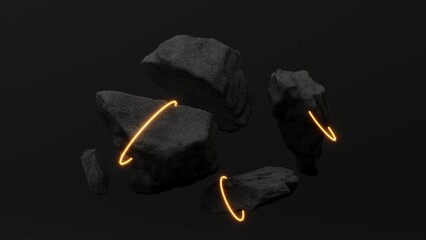 3d render abstract composition of glowing stones. Dark monochrome scene with bright energy lines, suitable for high-tech designs, backgrounds, or immersive branding visuals.