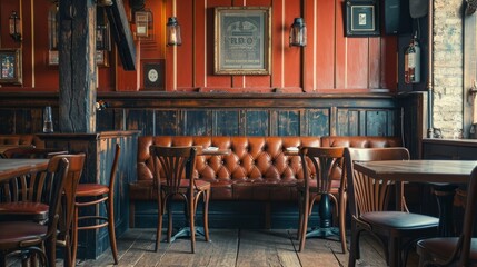 Fototapeta na wymiar A blank picture frame hanging on the old textured wooden wall in a cosy old english or irish pub