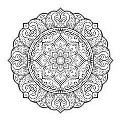 Circular pattern in form of mandala with flower for Henna, Mehndi, tattoo, decoration. Decorative ornament in ethnic oriental style. Outline doodle hand draw vector illustration.