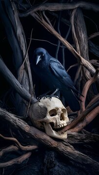 In an impenetrable dark forest, on a pile of roots and trees, lies a human white skull with 2 jaws, three-quarters to the right, and on the skull sits a stern black raven, three-quarters to the left.