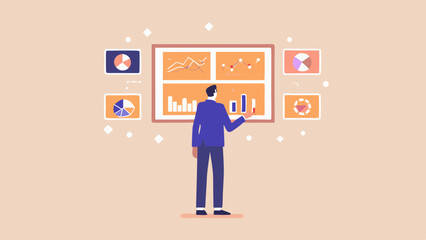 Man in suit presenting data charts and graphs on a screen with pie charts around the screen view