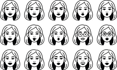 Collection of stylized female faces expressing diverse emotions and moods in a clean black and white outline illustration