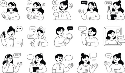 Vector illustrations of diverse customer service representatives providing assistance with headsets phones and digital devices