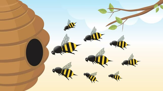 Animation of a swarm of cartoon bees flying across a clear blue sky with tree branches. Perfect for nature animations or bee migration themes.