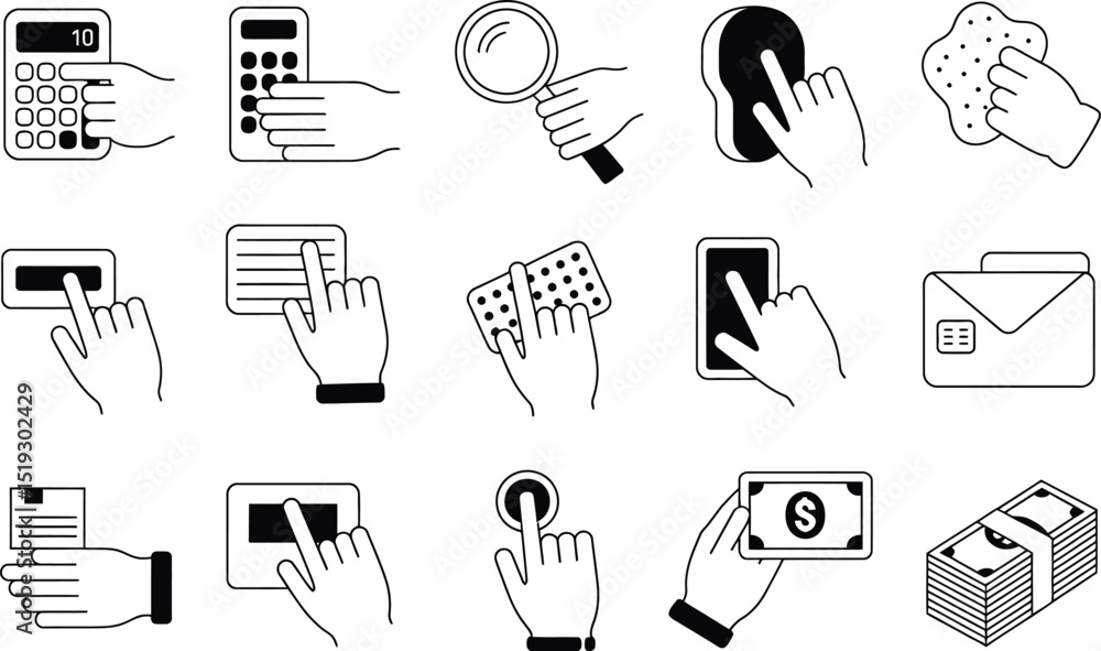 Poster minimalist hand gestures and icons illustrating digital interface interactions and financial concept