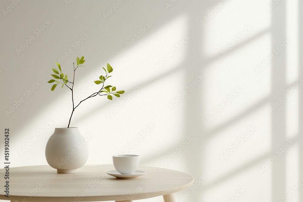 Poster warm inviting interior concept. a minimalist scene featuring a plant and cup on a table with soft li