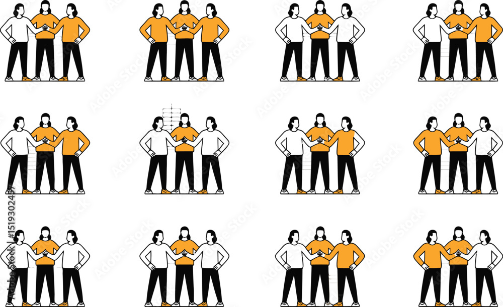 Poster illustration depicting three people in various groupings representing teamwork collaboration and uni