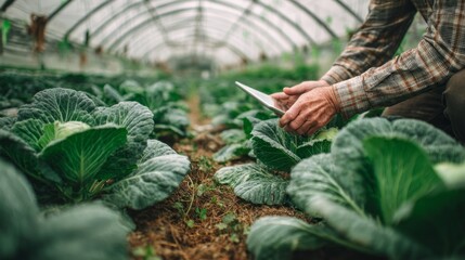 A farmer inspects healthy cabbage plants nestled in soil inside a greenhouse, using a digital tablet to monitor growth and plan for the season ahead in the early morning