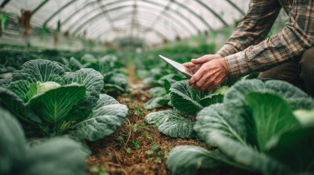 A farmer inspects healthy cabbage plants nestled in soil inside a greenhouse, using a digital tablet to monitor growth and plan for the season ahead in the early morning