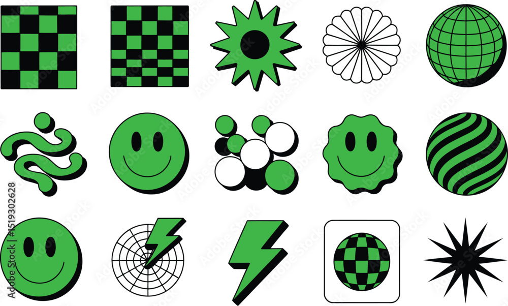 Poster collection of green retro shapes and symbols for design smiley face starburst thunder bolt globe che