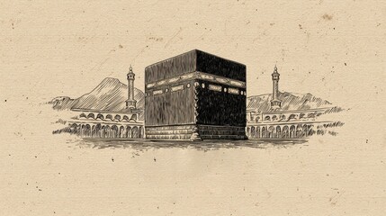 Plakat A stunning image of islamic Hajj greeting for Eid Adha Mubarak with the Kaaba on a subtle beige stroke background.