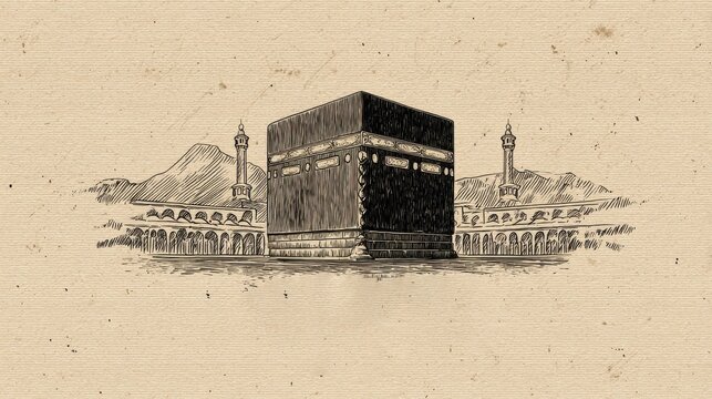 A stunning image of islamic Hajj greeting for Eid Adha Mubarak with the Kaaba on a subtle beige stroke background.