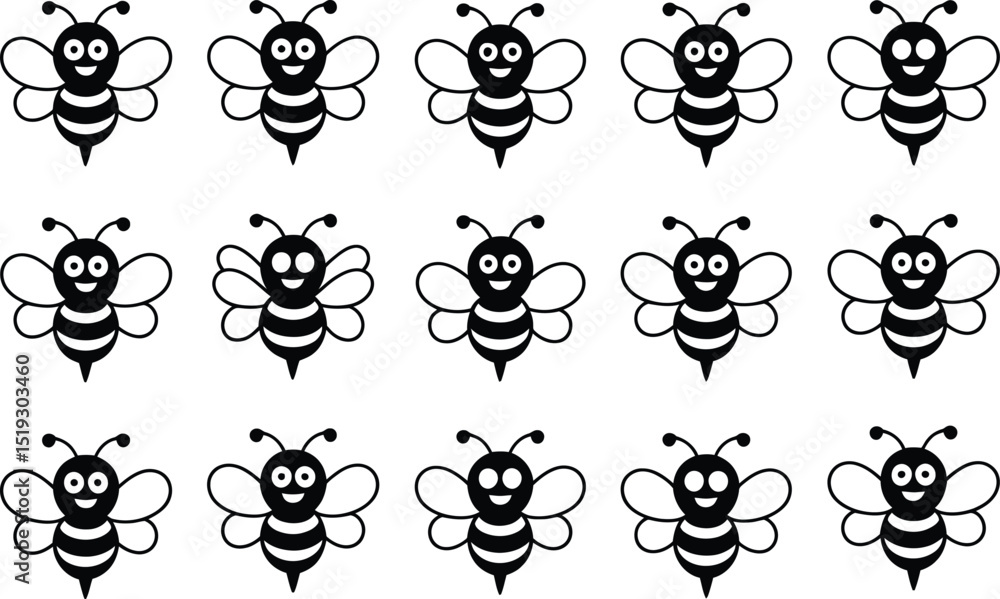 Poster a collection of smiling bee cartoon characters repeated in a pattern for decorative and design purpo