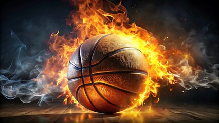 Fototapeta premium A basketball engulfed in flames and smoke sits on a wooden floor creating a dynamic and intense visual effect