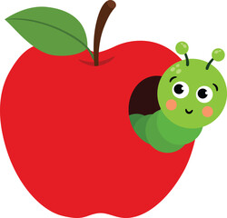 Cute Green Worm Peeking from Red Apple