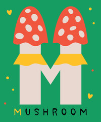 Playful Mushroom Letter M Vector Illustration. Playful vector illustration of the letter M creatively designed with mushroom shapes.