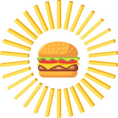 Golden Fries Radiate Around a Classic Burger