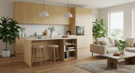 Open Concept Kitchen and Living Room with Natural Wood and Modern Design