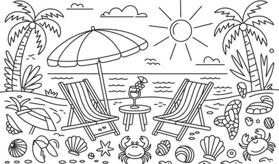 Obraz premium Relaxing beach scene with sun loungers umbrella palm trees cocktails and seaside elements in black and white