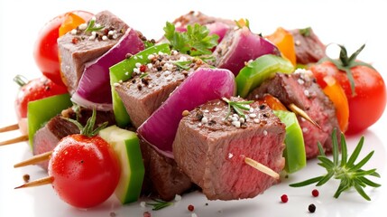 Juicy pieces of beef are skewered with vibrant vegetables including bell peppers, onions, and cherry tomatoes, showcasing flavors perfect for a summer barbecue