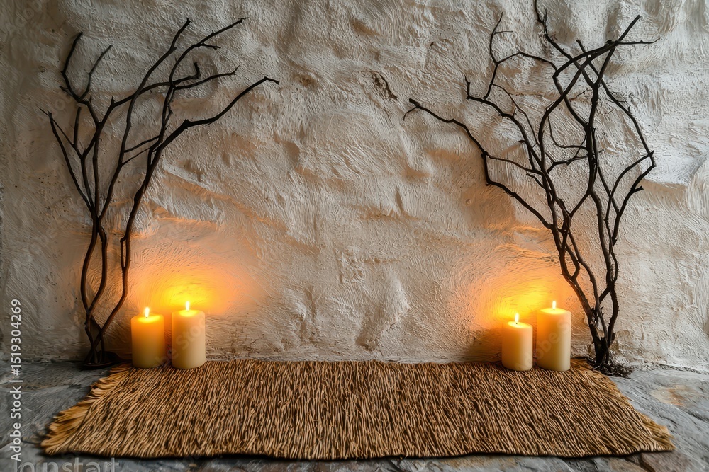 Poster warm inviting interior concept. serene setting with candles and decorative branches against a textur