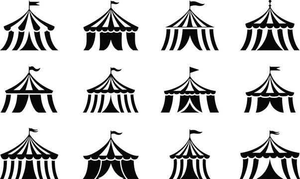 Collection of twelve black circus tent silhouette illustrations for event or carnival themed creative design projects