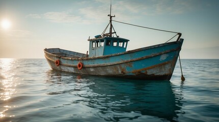 Obraz premium Rustic Fishing Boat at Sunset on Calm Sea