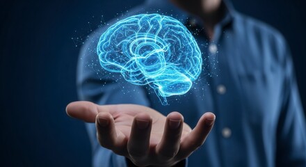 Holding Glowing Brain Model Concept for Innovation and Technology