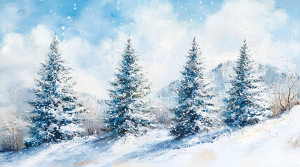 Naklejka premium Snow Dusted Pine Trees in Winter Landscape