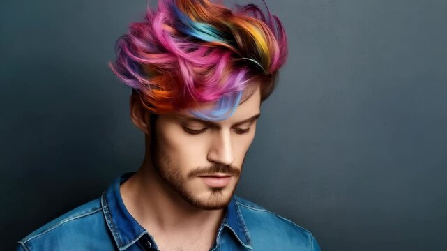 man with colorful hair on grey background 