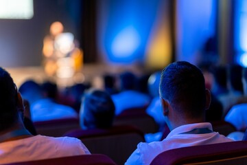Audience engaged during a presentation at an event in a dimly lit auditorium