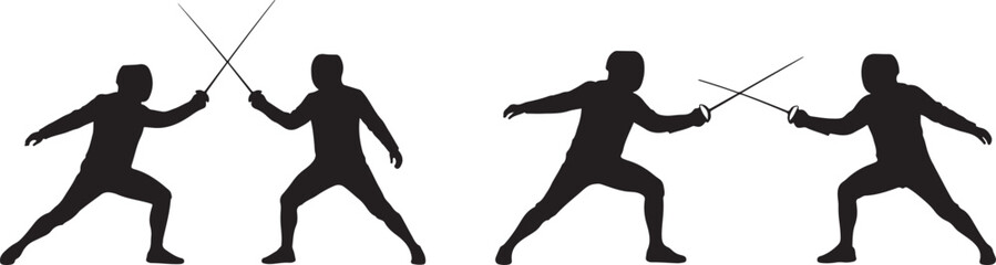 Fencing Silhouette Clipart Vector - Duel, Combat & Sword Fighting Graphic