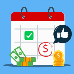 Success salary payment or recurring pay schedule agenda done on calendar and checkmark, tax or credit bill time, loan date or budget income.