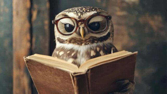 smart brown owl in glasses reading book 