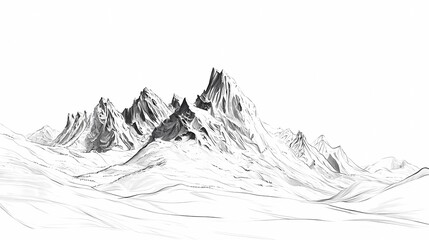 Black and white light sketch of the mountains soft rolling hills turning into rugged peaks, stylized and elegant lines