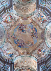 LODI, ITALY - MAY 21, 2025: The baroque fresco of Assumption of Virgin Mary in the chruch Chiesa di San Filippo Neri by Carlo Innocenzo Carloni from 18. cent.
