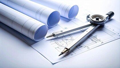 Architectural Design Drawings and Compass: Precision Engineering Blueprint.