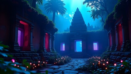 Enchanting Night Temple Mystical Glow Ancient Architecture Dreamlike Serenity