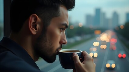 Serene evening city view man enjoying coffee peaceful moment