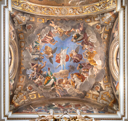 PIACENZA, ITALY - MAY 20, 2025: The ceiling fresco Triumph of God over Death in the church Basilica di San Antonio by Camillo Gavasetti (1626-1628)