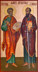 PIACENZA, ITALY - MAY 21, 2025: The icon of St. Peter and Paul the aposles in the church Chiesa di San Sepolcro (Romanian orthodox) by unknown artist of 20. cent.