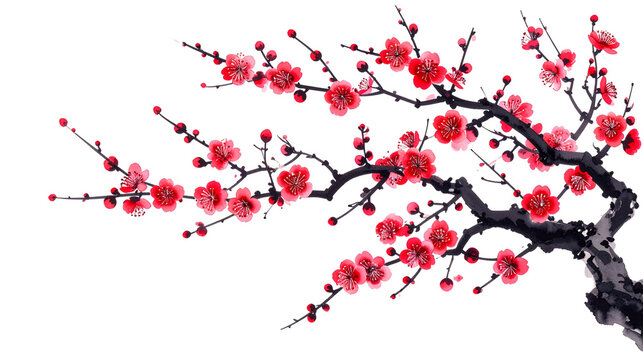 A vibrant red paint splash forms a blossoming cherry tree branch, an artistic fusion of nature and love