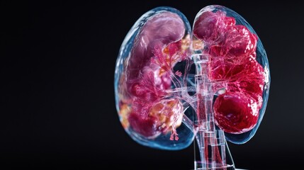 Artistic representation of kidney in 3D, illuminated with scientific accuracy on black canvas