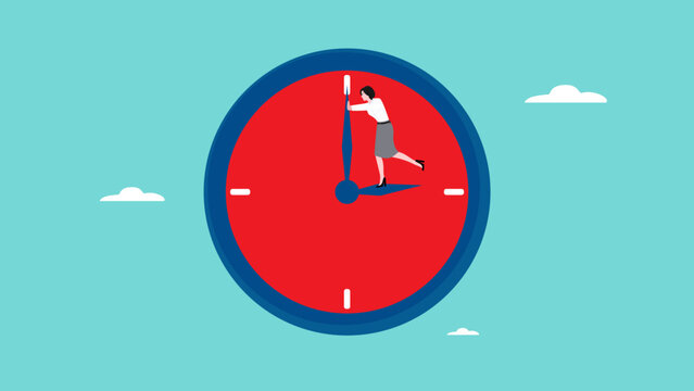 turn back time concept illustration, trying to get time back, extension of time to complete the work, businesswoman tries to turn back the clock to rewind time concept vector illustration
