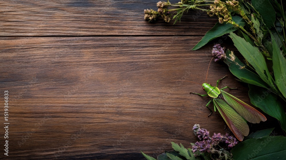 Poster artistic view of winged grasshopper on rustic wooden background