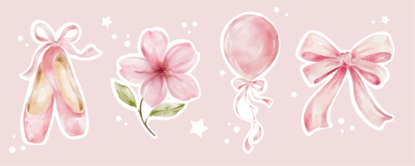 Vector sticker sheet with a watercolour pink ballet shoes, flower, balloon and a bow. Birthday party decor, baby shower decorations © ValeriBaikachova