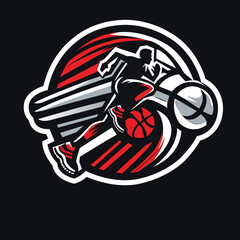 Fototapeta premium A stylized basketball player in motion dribbling a red and black basketball with a white and black basketball in the background all within a circular emblem with red and white